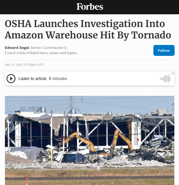 Forbes – Michael Zweiback on OSHA’s Launch of Criminal Investigation Into Amazon Warehouse Hit By Tornado Forbes – Michael Zweiback on OSHA’s Launch of Criminal Investigation Into Amazon Warehouse Hit By Tornado