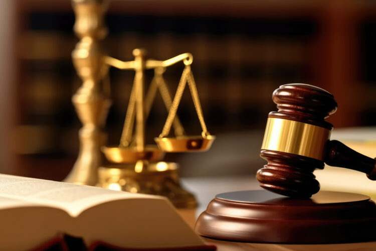 Close-up of judge gavel and books on the desk in the law office room