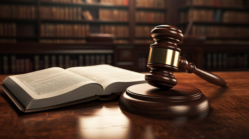 Gavel and law book open on a desk