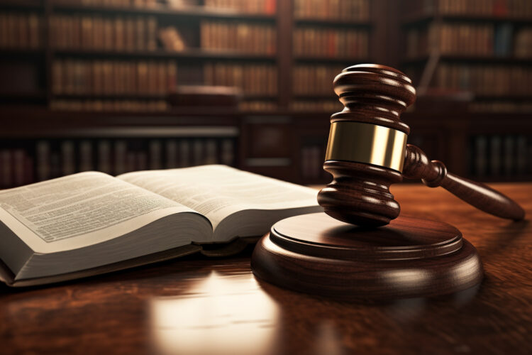 Gavel and law book open on a desk